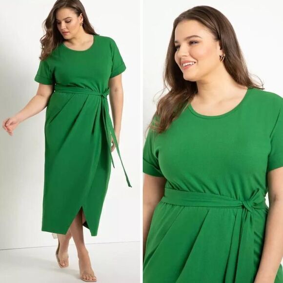 Eloquii Dresses & Skirts - NEW Eloquii green cotton knit Wrap Skirt tie waist midi Dress, 16